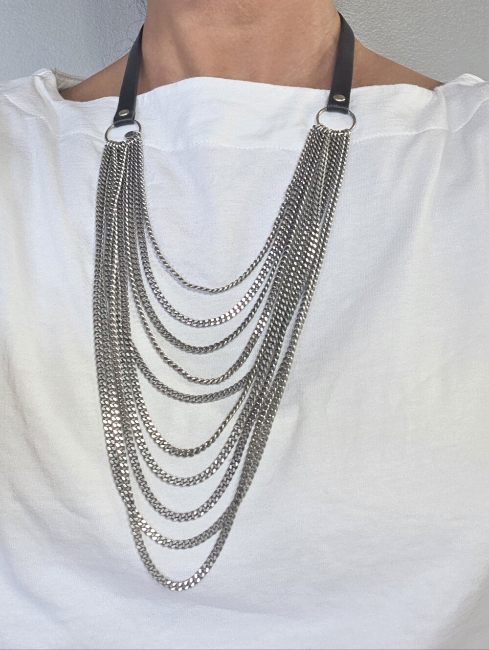 Serena Williams Multi Silver Curb Chain Necklace with Black Leather Straps